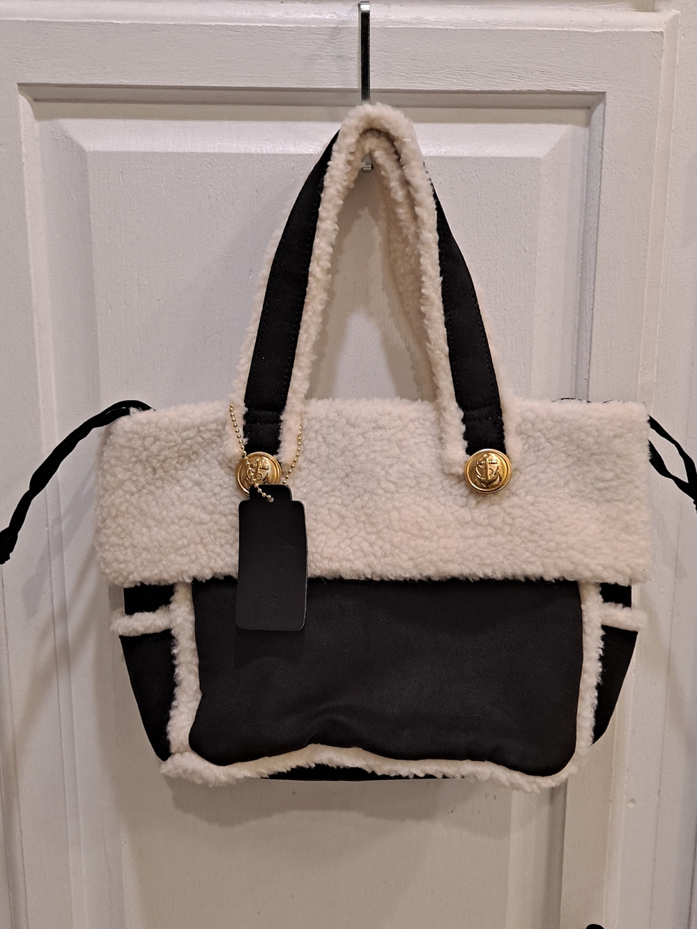 Arianna By Howard's - Black Suede Tote Cream Faux Shearling Trim Gold Accents